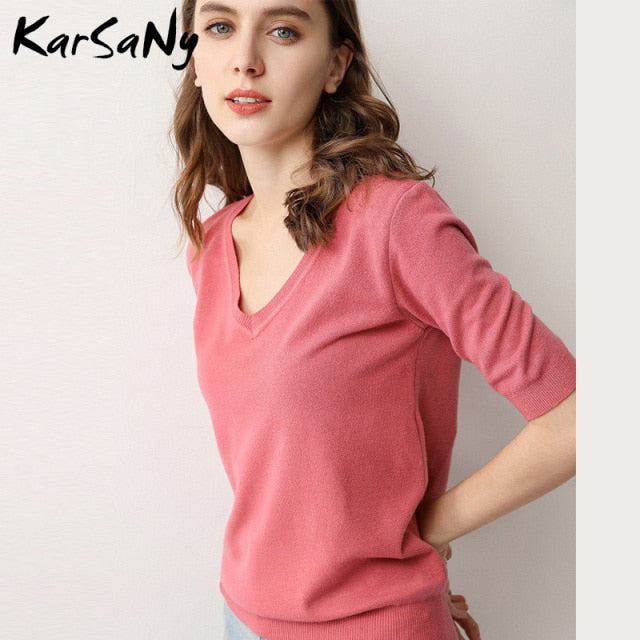 KarSany Half Sleeve Knitted Blouse Women Summer Ladies V-neck Blouses Blouse Knitted Womens Tops And Blouses Plus Size