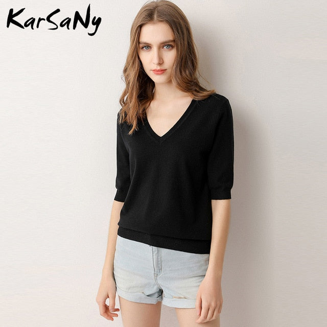 KarSany Half Sleeve Knitted Blouse Women Summer Ladies V-neck Blouses Blouse Knitted Womens Tops And Blouses Plus Size