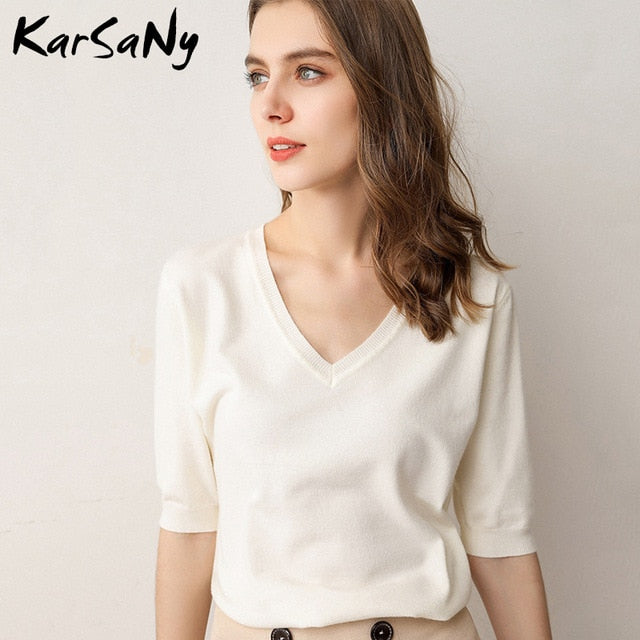 KarSany Half Sleeve Knitted Blouse Women Summer Ladies V-neck Blouses Blouse Knitted Womens Tops And Blouses Plus Size