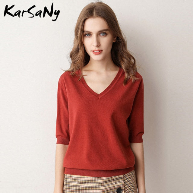 KarSany Half Sleeve Knitted Blouse Women Summer Ladies V-neck Blouses Blouse Knitted Womens Tops And Blouses Plus Size