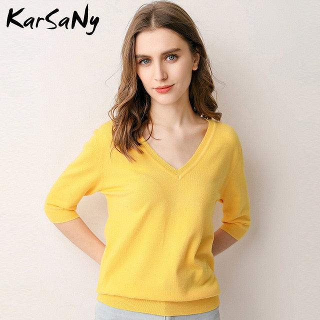 KarSany Half Sleeve Knitted Blouse Women Summer Ladies V-neck Blouses Blouse Knitted Womens Tops And Blouses Plus Size