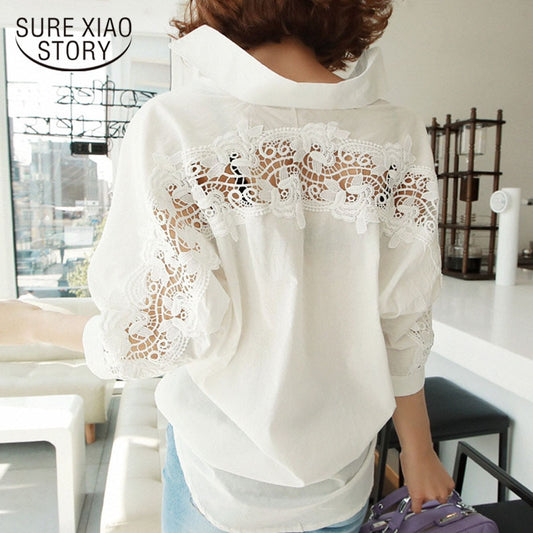 fashion women tops Summer backless sexy Hollow Out Lace Blouse Shirt Ladies casual Loose White office blouse women 1310 40