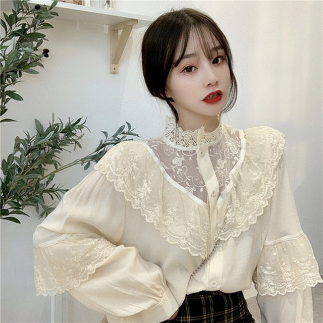 Fashion Ruffled Autumn Lace Up Women Blouses Stand Collar Ladies Tops Vintage Lace Shirts Korean Sweet Loose Clothes Women 11335