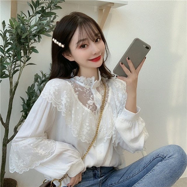 Fashion Ruffled Autumn Lace Up Women Blouses Stand Collar Ladies Tops Vintage Lace Shirts Korean Sweet Loose Clothes Women 11335