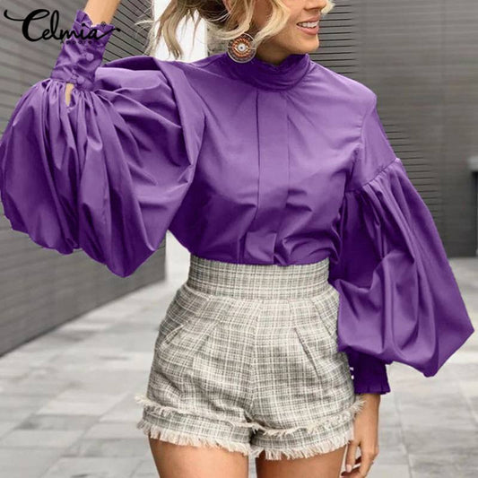 Celmia Fashion Big Lantern Sleeve Blouses Women Elegant Office Blusas Female Stand Collar Work Casual Solid Vintage Top 5XL