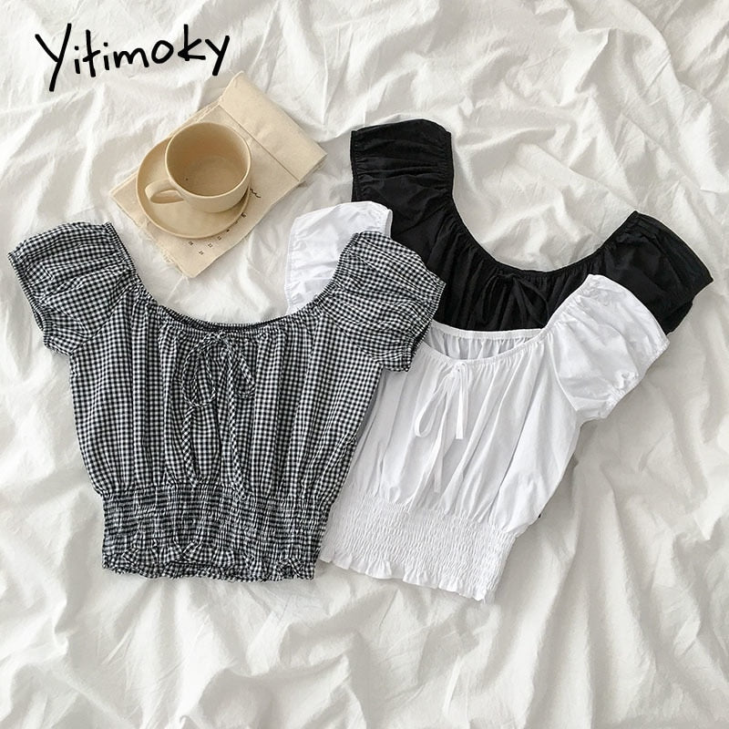 Yitimoky Plaid Blouse Women Shirt White Black Tops Ruffles Slash Neck Puff Sleeve Short Bow Fashion Summer Korean Fashion