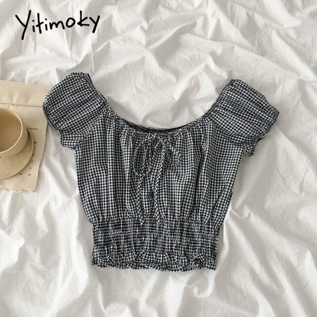 Yitimoky Plaid Blouse Women Shirt White Black Tops Ruffles Slash Neck Puff Sleeve Short Bow Fashion Summer Korean Fashion