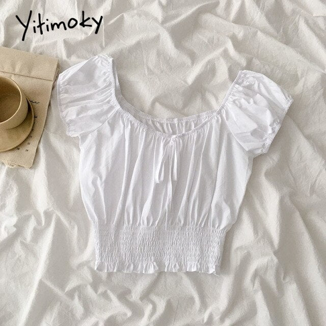 Yitimoky Plaid Blouse Women Shirt White Black Tops Ruffles Slash Neck Puff Sleeve Short Bow Fashion Summer Korean Fashion