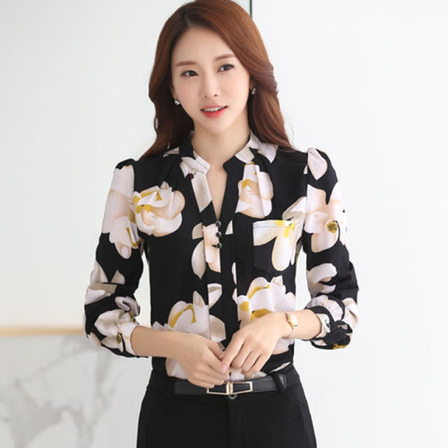 Fashion Women Tops Ladies Top V-Neck Slim Chiffon Blouse Women's Clothing  Office Work Wear Women Shirt Plus Size Blusa 882G