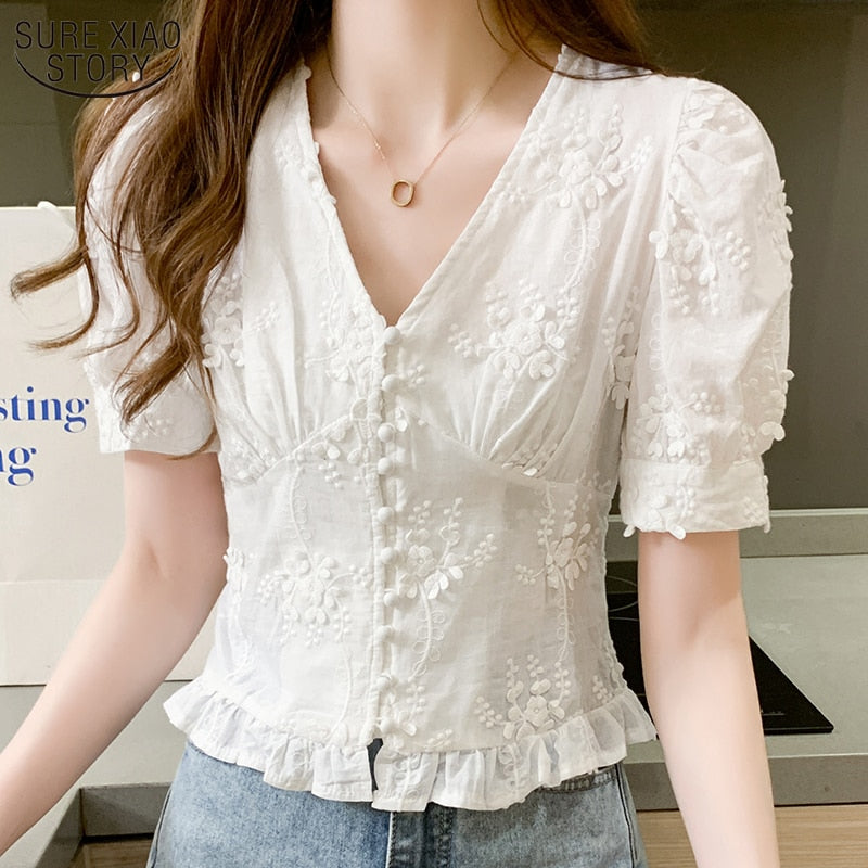 Lace Top Women Casual Sweet Embroidered Shirt Fashion