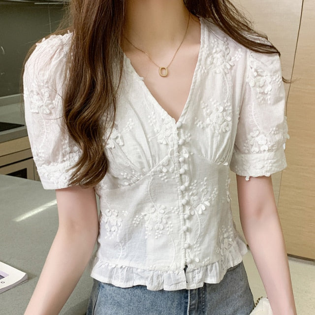 Lace Top Women Casual Sweet Embroidered Shirt Fashion