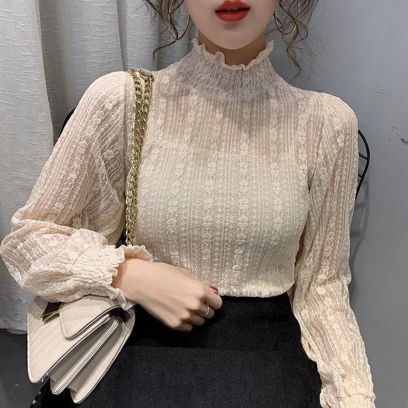 Fashion Women Lace Mesh Blouses Elegant See Through Sexy Stand Collar Spring  Autumn Bottoming Long Sleeve Ladies Tops