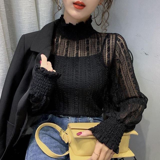 Fashion Women Lace Mesh Blouses Elegant See Through Sexy Stand Collar Spring  Autumn Bottoming Long Sleeve Ladies Tops