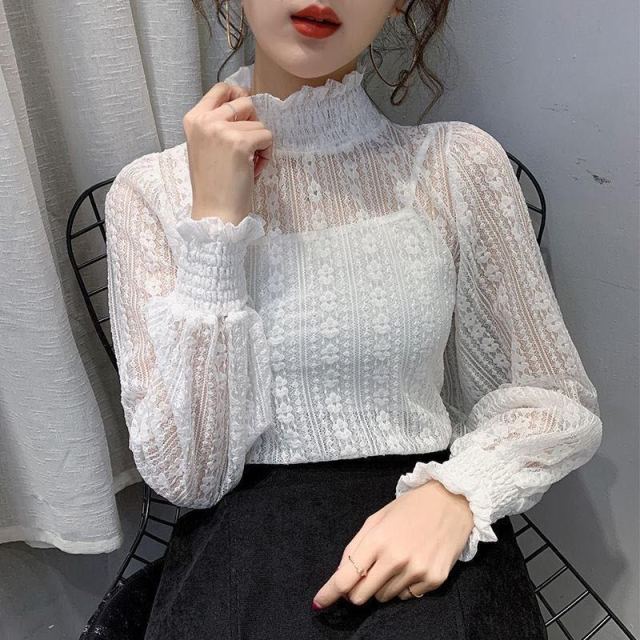 Fashion Women Lace Mesh Blouses Elegant See Through Sexy Stand Collar Spring  Autumn Bottoming Long Sleeve Ladies Tops