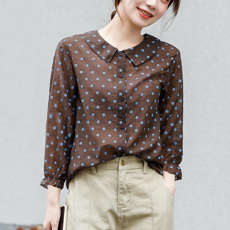 Women's Spring Autumn Style Blouse Shirt Women's Peter Pan Collar Button Polka Dots Elegant Loose Tops SP930