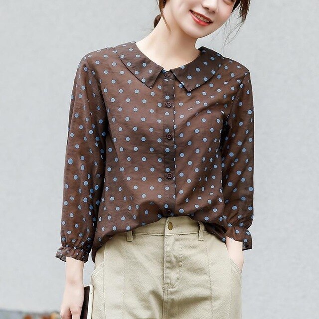 Women's Spring Autumn Style Blouse Shirt Women's Peter Pan Collar Button Polka Dots Elegant Loose Tops SP930