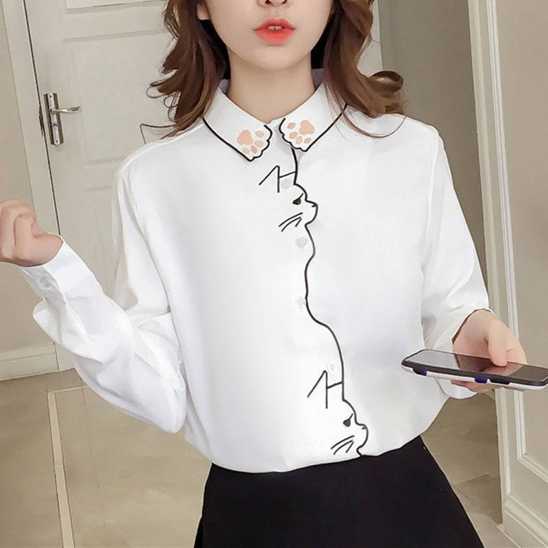 Femininas Down Cat Women Blouse Shirts Embroidery Pattern White Shirts Female Tops Long Sleeve Women Shirts Female Blusas 660H