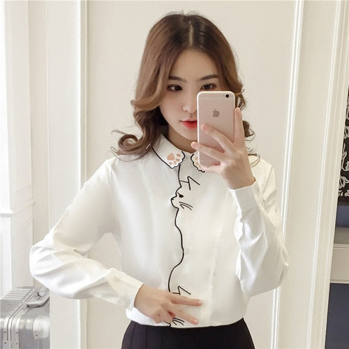 Femininas Down Cat Women Blouse Shirts Embroidery Pattern White Shirts Female Tops Long Sleeve Women Shirts Female Blusas 660H