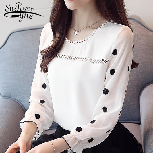 Long Sleeve Women Blouse Shirt Fashion Chiffon Women's Clothing Sweet O-neck Black Dot White Feminine Tops Blusas D383 30