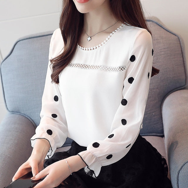 Long Sleeve Women Blouse Shirt Fashion Chiffon Women's Clothing Sweet O-neck Black Dot White Feminine Tops Blusas D383 30