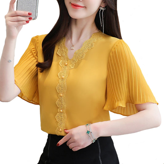 S-3XL Summer New Chiffon shirt Flare sleeve Lace Tops V-neck White Casual Women blouse Plus size