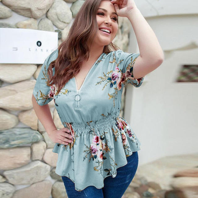 Summer Plus Size Blouse Women Elegant Boho Floral Blouse Shirt Women V-neck Short Sleeve Oversized Blouse Ladies 3XL 4XL