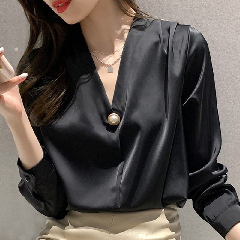 Long Sleeve V-Neck Office Lady Blouse Tops Women Blouse