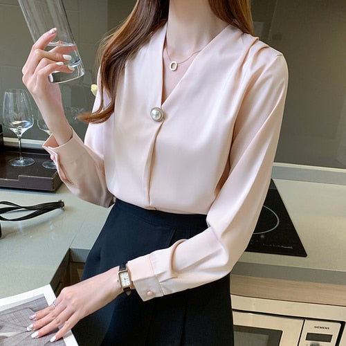 Long Sleeve V-Neck Office Lady Blouse Tops Women Blouse