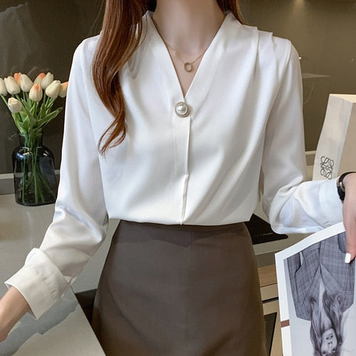 Long Sleeve V-Neck Office Lady Blouse Tops Women Blouse