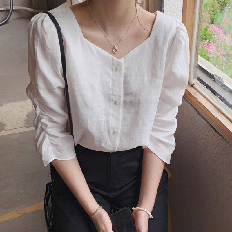 New Spring Vintage Cotton Shirt Female Oversize Long Sleeve