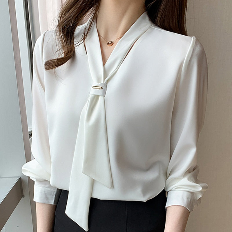 Long Sleeve White Blouse Bow V-neck Chiffon Blouse Shirt Women Tops Blouse Women Blusas Mujer De Moda  Women Blouses E367