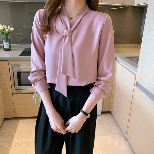 Long Sleeve White Blouse Bow V-neck Chiffon Blouse Shirt Women Tops Blouse Women Blusas Mujer De Moda  Women Blouses E367