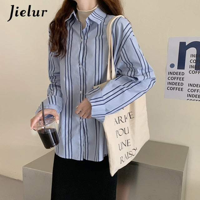 Jielur Spring Women's Shirt Vintage Striped Turn-down Collar Long Sleeve Blouses Tops Shirts Apricot Blue Chic S-L Blusas Femme