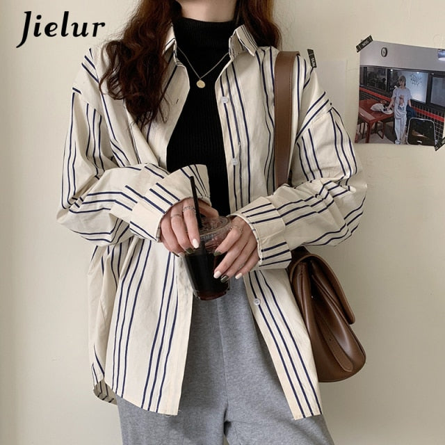 Jielur Spring Women's Shirt Vintage Striped Turn-down Collar Long Sleeve Blouses Tops Shirts Apricot Blue Chic S-L Blusas Femme