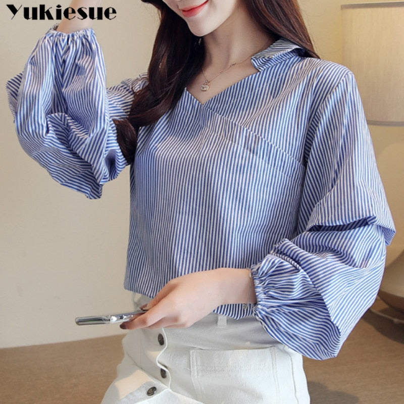 Elegant Turtleneck Blouse lantern Long Sleeve White stirped  Shirt Office Ladies Top Casual V neck Womens Blouses Plus size