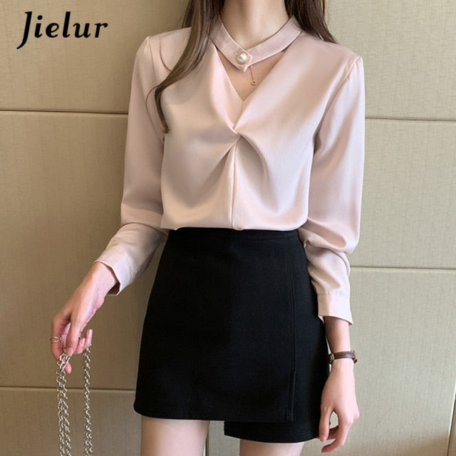 Jielur New Women's Shirt V-Neck Blouse Female Long Sleeve Loose Casual Shirts Lady S-XXL Simple Tops Clothes Blusas Spring