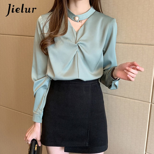 Jielur New Women's Shirt V-Neck Blouse Female Long Sleeve Loose Casual Shirts Lady S-XXL Simple Tops Clothes Blusas Spring