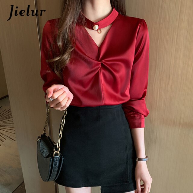 Jielur New Women's Shirt V-Neck Blouse Female Long Sleeve Loose Casual Shirts Lady S-XXL Simple Tops Clothes Blusas Spring