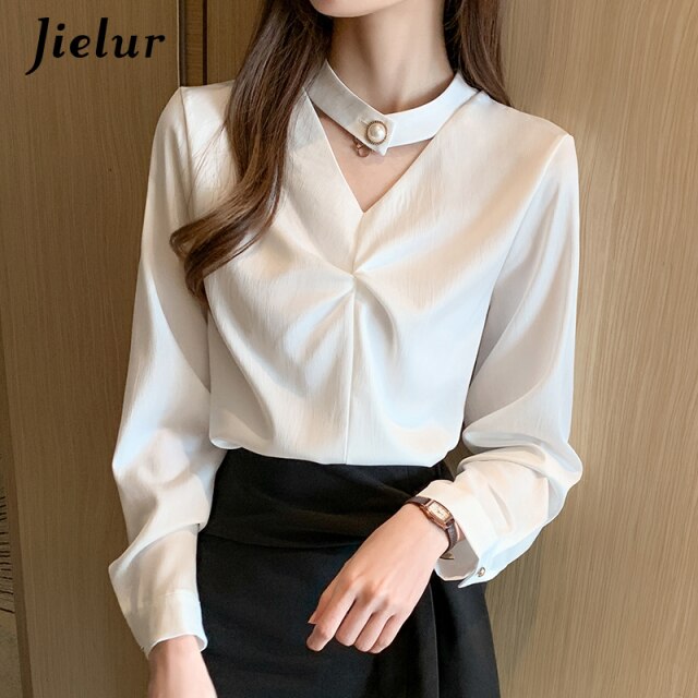 Jielur New Women's Shirt V-Neck Blouse Female Long Sleeve Loose Casual Shirts Lady S-XXL Simple Tops Clothes Blusas Spring