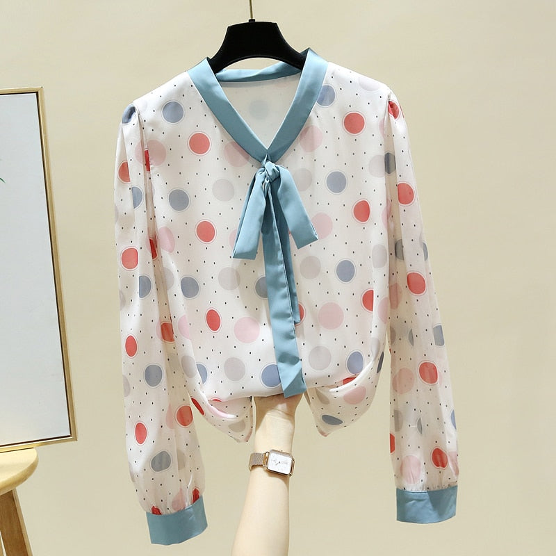 Long Sleeve V-Neck Polka Dot Chiffon Blouse Shirt Women Tops Blouse Women Blusas Mujer De Moda Women Clothing Blusa E68