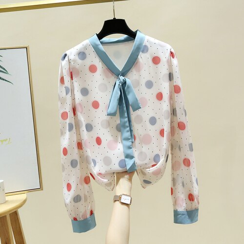 Long Sleeve V-Neck Polka Dot Chiffon Blouse Shirt Women Tops Blouse Women Blusas Mujer De Moda Women Clothing Blusa E68