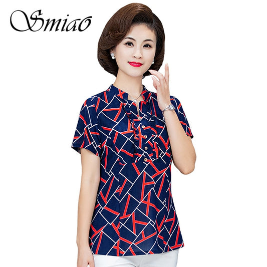 New Plus Size Blouse Women Summer Casual Short Sleeve V-neck Womens Tops and Blouses OL Office Print Shirts Women Clothes