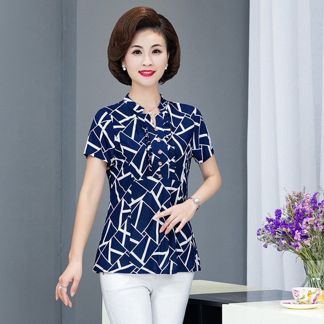 New Plus Size Blouse Women Summer Casual Short Sleeve V-neck Womens Tops and Blouses OL Office Print Shirts Women Clothes