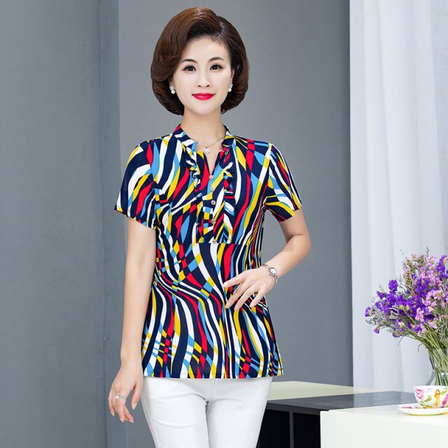 New Plus Size Blouse Women Summer Casual Short Sleeve V-neck Womens Tops and Blouses OL Office Print Shirts Women Clothes