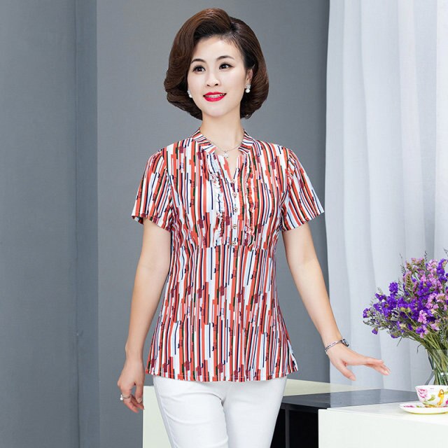 New Plus Size Blouse Women Summer Casual Short Sleeve V-neck Womens Tops and Blouses OL Office Print Shirts Women Clothes