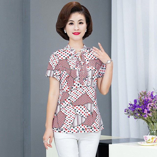 New Plus Size Blouse Women Summer Casual Short Sleeve V-neck Womens Tops and Blouses OL Office Print Shirts Women Clothes