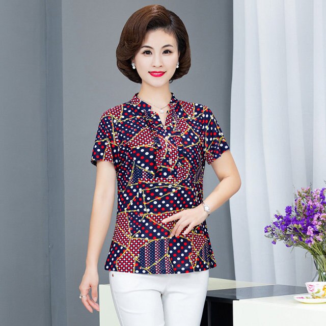 New Plus Size Blouse Women Summer Casual Short Sleeve V-neck Womens Tops and Blouses OL Office Print Shirts Women Clothes