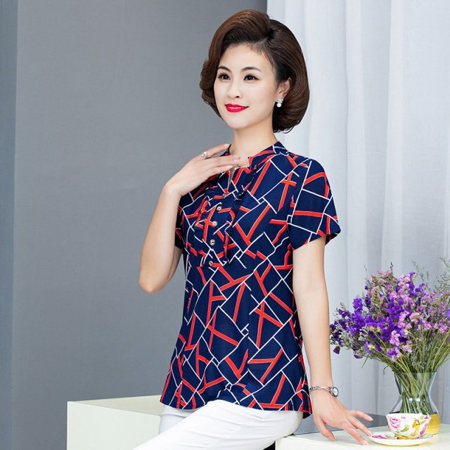 New Plus Size Blouse Women Summer Casual Short Sleeve V-neck Womens Tops and Blouses OL Office Print Shirts Women Clothes