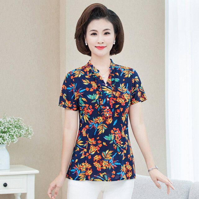 New Plus Size Blouse Women Summer Casual Short Sleeve V-neck Womens Tops and Blouses OL Office Print Shirts Women Clothes