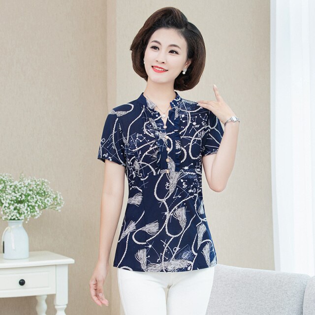 New Plus Size Blouse Women Summer Casual Short Sleeve V-neck Womens Tops and Blouses OL Office Print Shirts Women Clothes